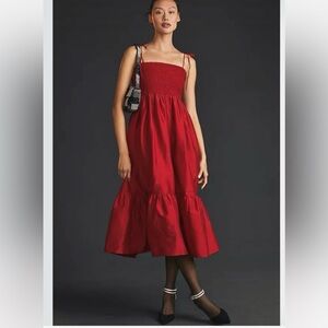 NEW Anthropologie Red Smocked Midi Dress